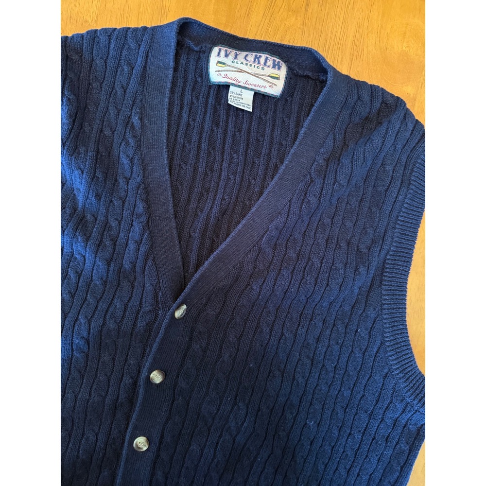 Ivy Crew Classics Navy Blue Cable Knit Cardigan Sweater Vest Mens Large V-Neck